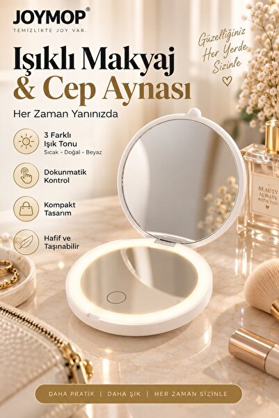 JOYMOP Işıklı Makyaj ve Cep Aynası 3 Işık Modlu Dokunmatik LED Taşınabilir Ko...
