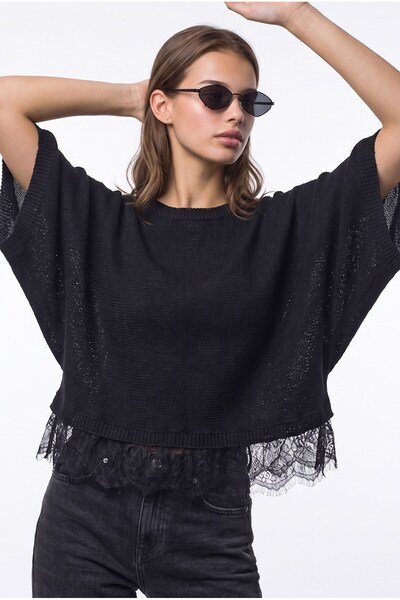 Mixray 7078 Kadın Dantel Detaylı Yarasa Kol Oversize Triko Bluz Siyah