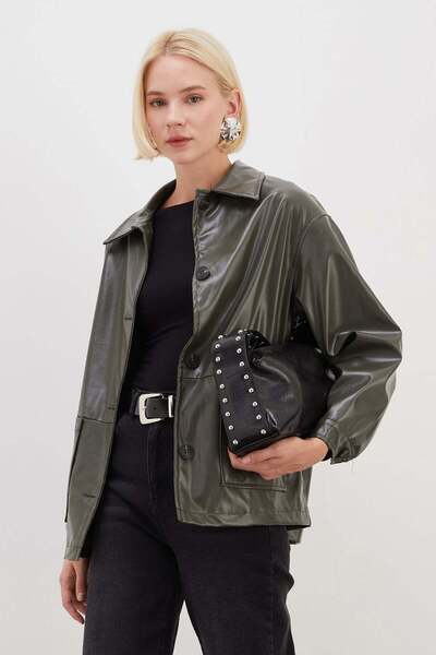 Fulla Moda Buttoned Double Pocket Faux Leather Jacket