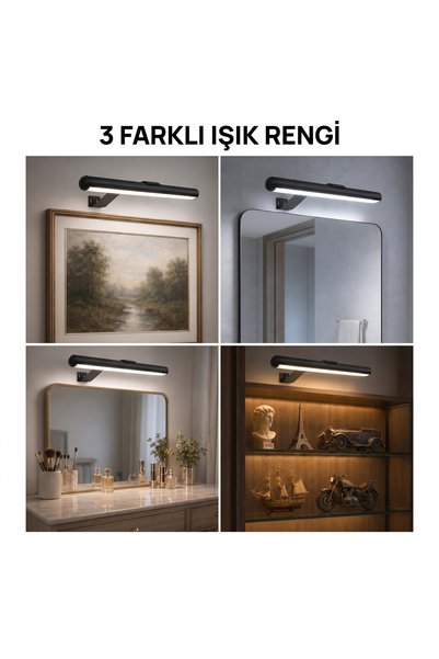 Ucuz Geldi Şarjlı Duvar Tipi LED Aplik 32 cm, 3 Renk Işık Ayarlı (6400K/4000K/3200K), Cata Şahin Modern Siyah Kasa, Kablosuz Manyetik Tablo, Ayna, Yatak Başı ve Koridor Aydınlatması, 1.5W 5V DC