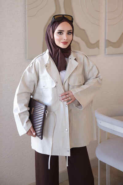 İmajButik Bej Bel Bağlamalı Çıtçıtlı Gabardin Ceket