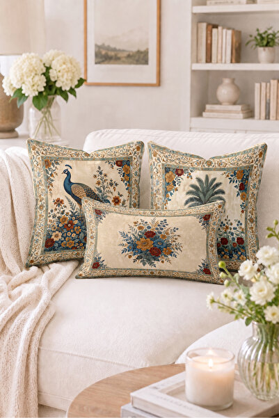 Home Tavus Kuşu, Palmiye ve Çiçek Desenli Vintage Kırlent Kılıfı - 3'lü Yastı...