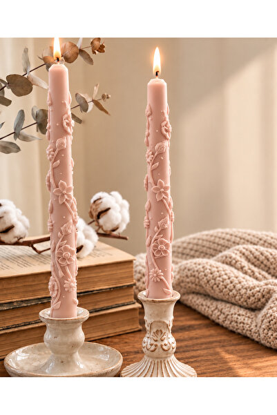 Eliora Handmade 2’li Çiçek Desenli Uzun Dekoratif Mum Seti – Pudra Pembe