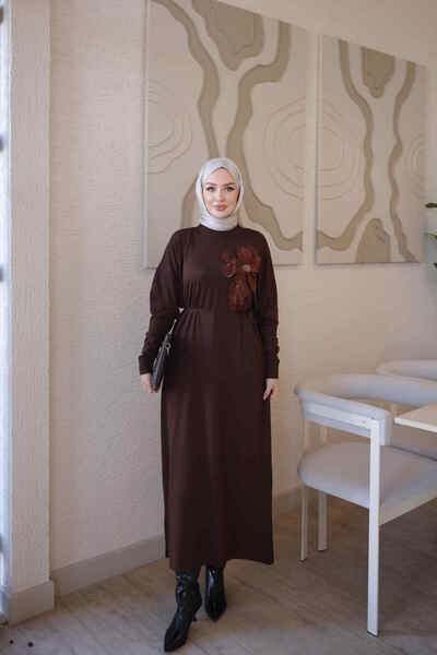 İmajButik Brown Mercerized Floral Knit Dress