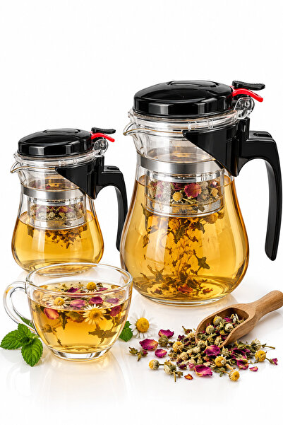 Çayoma PressTea Tek Tuşlu Cam Bitki Çayı Demliği – Süzgeçli Çay Demleme Sürah...