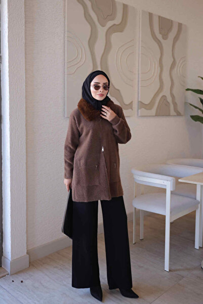 İmajButik Brown Soft Fur Collared Angora Knitwear Cardigan