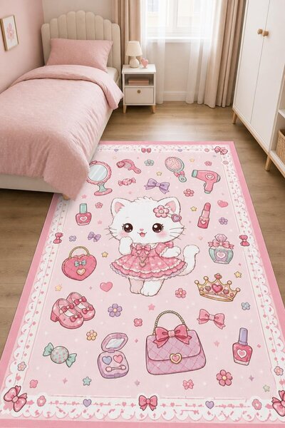 Viva Home Pembe Kedi Temalı Dijital Baskılı Çocuk Halısı VH305