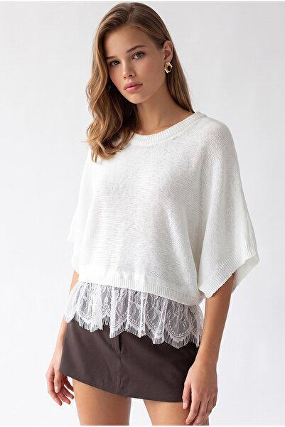 Mixray 7078 Kadın Dantel Detaylı Yarasa Kol Oversize Triko Bluz Ekru