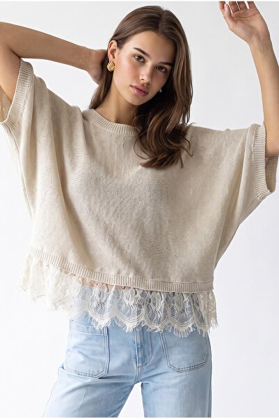 Mixray 7078 Kadın Dantel Detaylı Yarasa Kol Oversize Triko Bluz Taş