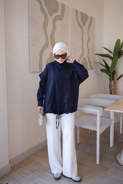İmajButik Navy Blue Zippered and Snap-Fastened Decorated Jacket
