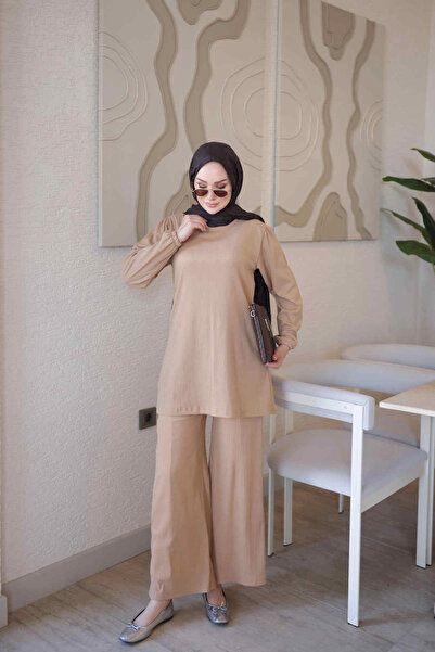 İmajButik Dark Beige Wrinkled Tunic Pants Set