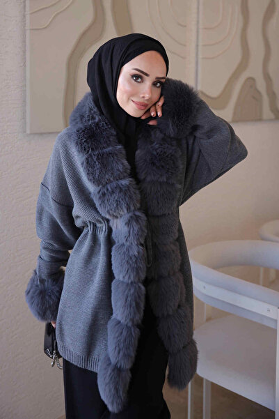 İmajButik Smoked Waist-Tie Knitwear Cardigan with Fur Detail