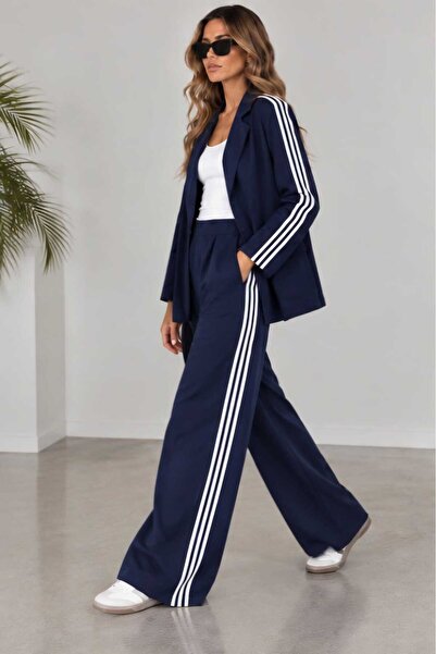 QİMYA BUTİK Buketli̇ Women's 3-Stripe Knitted Steel Fabric Jacket and Pants T...