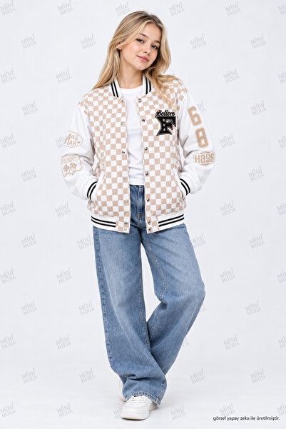Minimoda Kids Kareli Nakış Detaylı Bomber Ceket