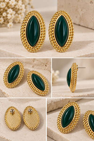 Yaseminli Butik Gold Color Vintage Green Detailed Earrings