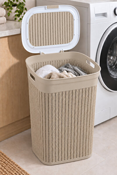 mastergold 55L Hinged-Lid Plastic Laundry Basket, Ventilated Tall Clothes Ham...