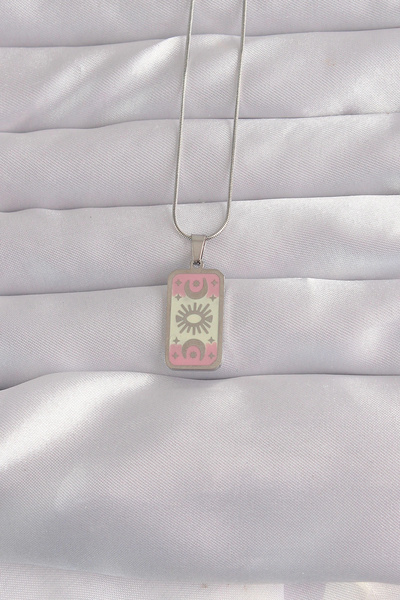 Lovesta Home 316L Steel Silver Color Pink Enamel Moon Figure Tarot Necklace T...