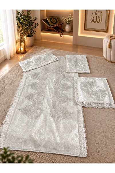 çeyizköşesi Velvet Prayer Rug Set Cream 4 Piece French Laced Bundle Set