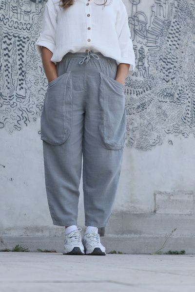 Oiki Unisex Gri Keten Pamuk Bol Cepli Rahat Kesim Bohem Pantolon