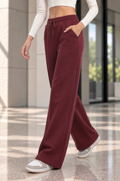 QUHOX Women's High Waist Wide Leg Palazzo 3 Thread Sweatpants - Burgundy