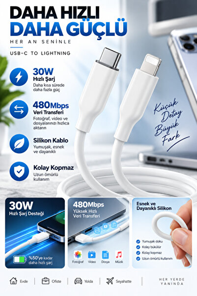 GoMarkt USB-C to Lightning 30W Hızlı Şarj Kablosu, 480Mbps Veri Aktarımı, Esn...