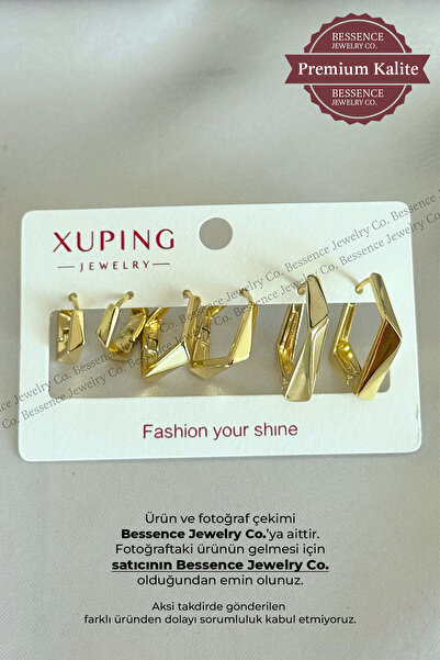 BESSENCE JEWELRY CO. Xuping 14K Gold VIP Çelik Küpe Seti 3'lü Geometrik Köşel...
