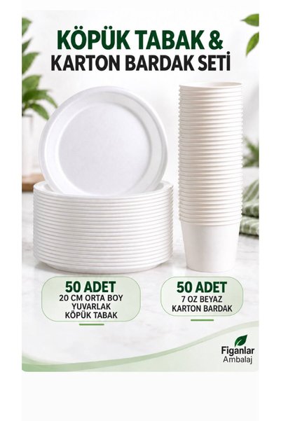 figanlar ambalaj 20 cm Köpük Tabak ve 7 Oz Karton Bardak Seti Yuvarlak Beyaz ...