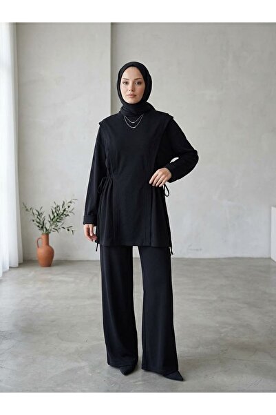 Foremia Tunnel Detail Sleeve Folded Trouser Suit-Black