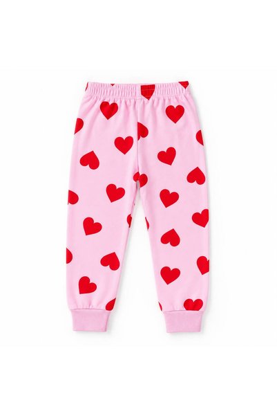 Fil Kids Girl's Cotton Fabric Pink Color Heart Patterned Long Sleeve Seasonal Pajama Set