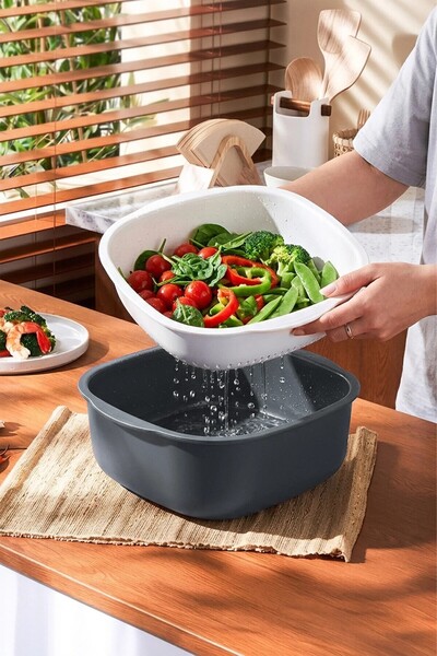 NESS HOME 2 Pieces 6 Liter Square Multi-Purpose Bowl with Strainer Basin