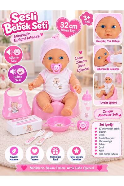 BYCEGU 32 Cm Pembe Renk Sesli Ağlayan ve Gülen Oyuncak Bebek – Biberonlu, Emz...
