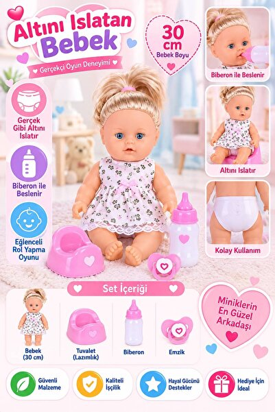 BYCEGU 30 Cm Altını Islatan Oyuncak Bebek – Biberonlu, Emzikli ve Lazımlıklı Bebek Bakım Seti