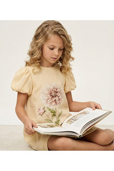 Moonstar Girls' Off White Short Sleeve Big Flower Print Dress