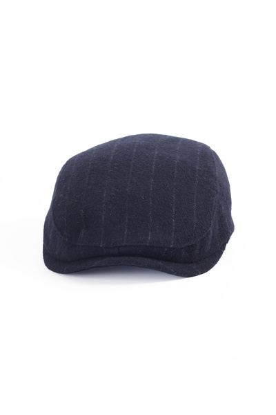 Capstories Men's Beanie Hat Classic Navy Blue Striped Wool Fabric Standard Size (Autumn Winter)