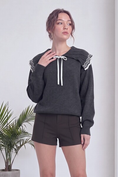 zks grup tekstil Women's Long Sleeve Ribbon Collar Detailed Knitwear Sweater ...