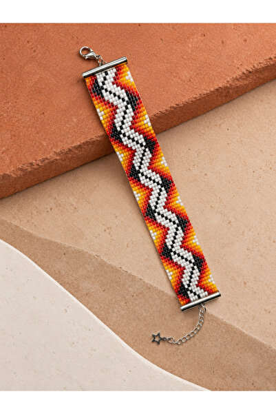 Geniş Kırmızı-Turuncu Beyaz Ateş Dalgalı Zigzag Kilim Desenli El Dokuma Bileklik
