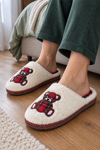 Platana Women's Plush Comfortable House Slippers - Teddy Bear Appliqué, Plaid...