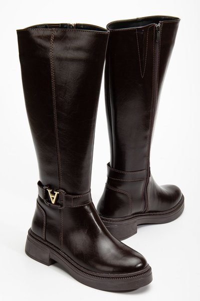 Saadet Kaya Butik Vina Women's Brown Shiny Leather Boots with Buckle Detail