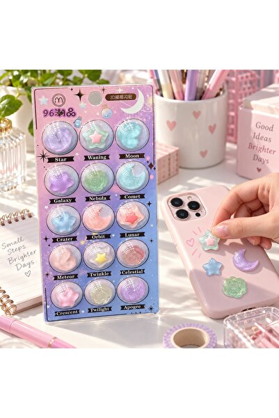 Hurbuy 15'li 3D Epoksi Taş Sticker - Pastel Ay ve Yıldızlar
