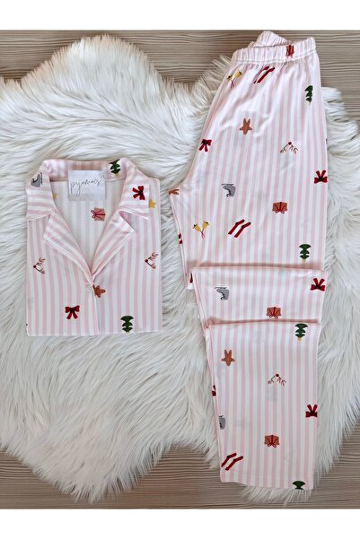 Pijamacs طقم بيجامة محبوكة بأكمام طويلة وملمس ناعم بنمط عيد الميلاد المخطط