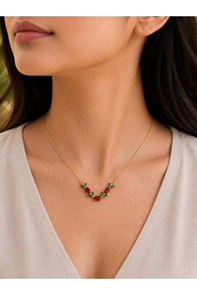 Generic Gold-Tone Anti-Tarnish Necklace with Red Gemstones and Green Leaf Acc...