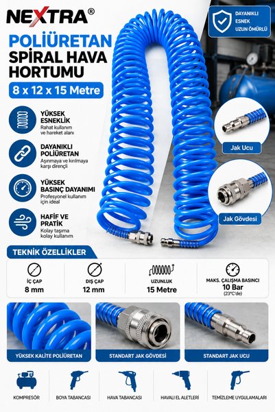 NEXTRA Poliüretan Spiral Hava Hortumu 8x12 mm 15 Metre Jak Ucu ve Jak Gövdeli Kompresör Hava Hortumu