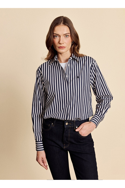 BROOKS BROTHERS Lacivert Kadın Regular Fit Çizgili Gömlek BBFW26FSH007