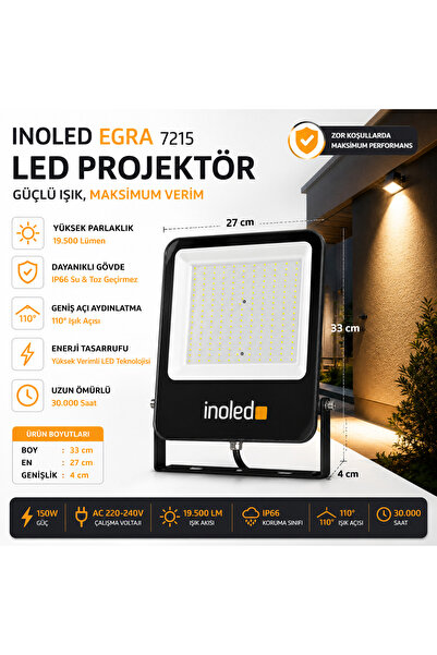 EGRA 7215 LED Projektör 150W – 6500K Beyaz Işık, 19500 Lümen, IP66 Su Geçirmez Dış Mekan Aydınlatma – Süper Parlak Bahçe, Garaj, Depo Lambası