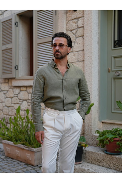 PAREZ Keten Gömlek Modern Fit Yaka Düğmeli