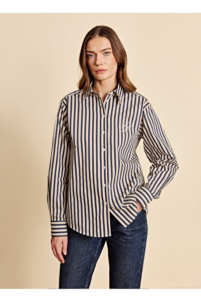 BROOKS BROTHERS Bej - Lacivert Kadın Regular Fit Çizgili Gömlek BBFW26FSH011