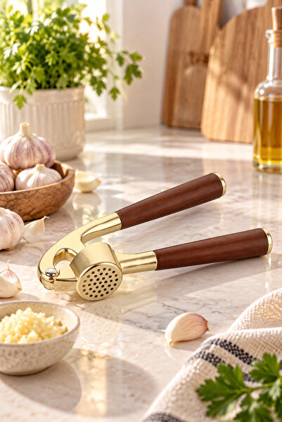 welcomein Gold Garlic Crusher – Metal Garlic Press with Wooden Look Handle – ...