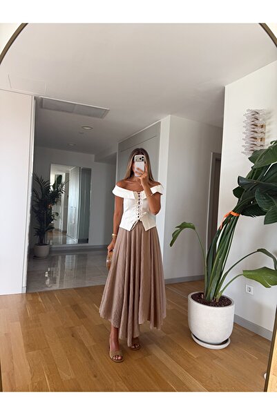 MERVE AKSOY تنورة بوني متوسطة الطول - لون مينك