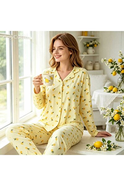 NiCe İç Giyim Lemon Pattern Soft Textured Women's Pajama Set - Shirt Collar L...