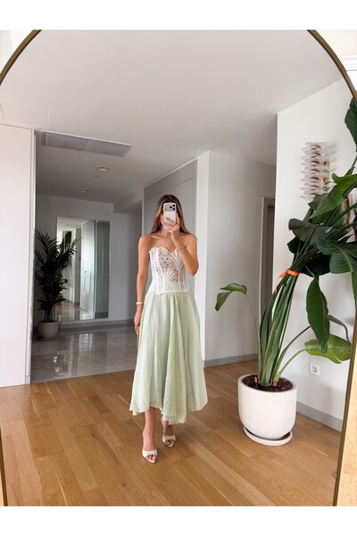 MERVE AKSOY Ponni Buruşuk Midi Boy Etek - Yeşil